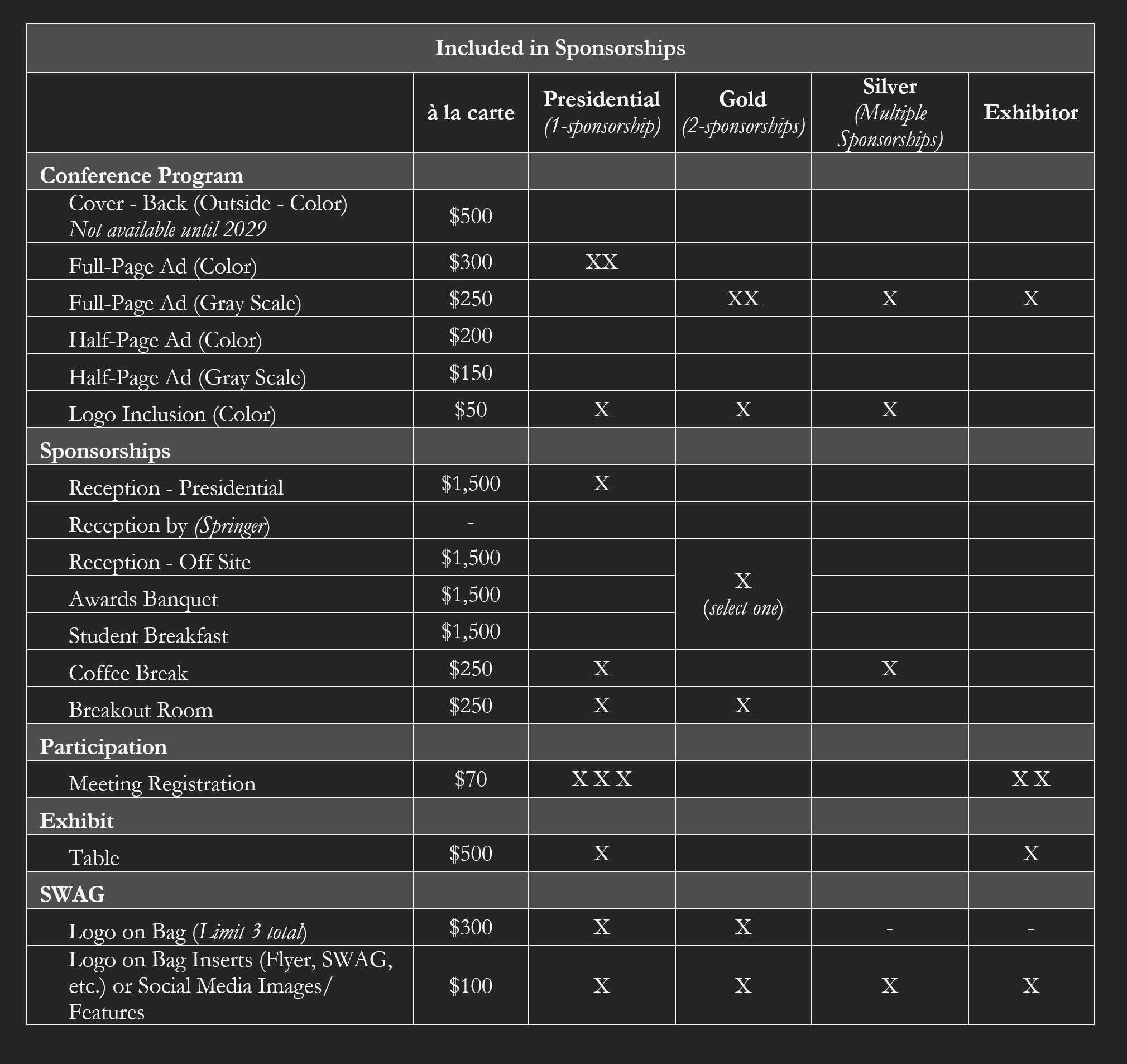 Table of a la carte and packaged sponsorship opportunities with prices.